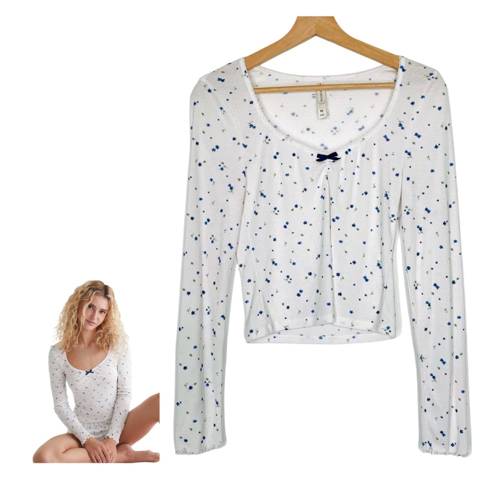 Aeropostale Long Sleeve Printed Cropped Scoop Neck Top In Blue Size Medium Y2K